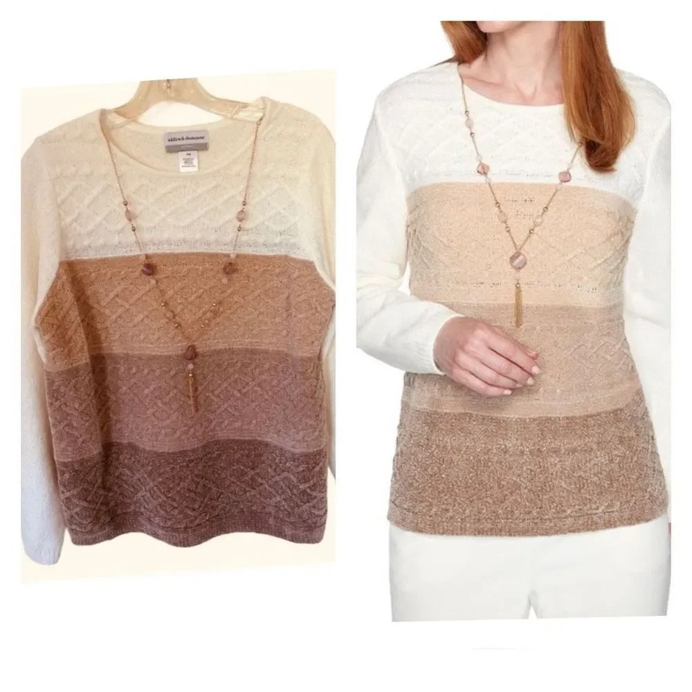 Alfred Dunner Velvety Striped With Necklace Sweater Sz MP NWOT
